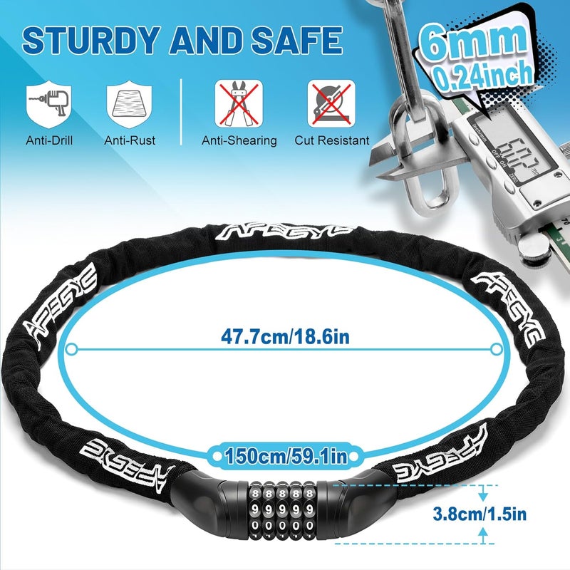 APECYC Heavy Duty Bike Chain Lock – 5 Digit Combination Anti-Theft Bicycle Lock, 3FT/4FT/5FT Hardened Steel Square Links for E-Bike, Motorcycle, Scooter, Gate - Image 5